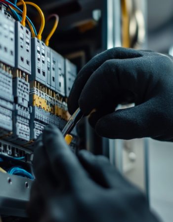 Electrician repairing electrical panel in modern office close up of technician with tools Electrician repairing electrical panel in modern office close up of technician with tools