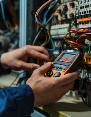 A technician inspecting electrical panel A technician inspecting electrical panel