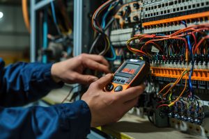 A technician in professional attire is carefully using a digital multimeter to check or troubleshoot an electrical panel A technician in professional attire is carefully using a digital multimeter to check or troubleshoot an electrical panel