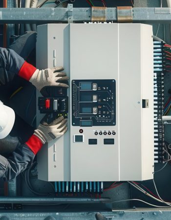 Detailed view of a solar inverter with control panel Detailed view of a solar inverter with control panel, technician in action, illustrating maintenance process, top view, highlighting advanced technology, digital tone, Splitcomplementary color scheme, copy space for text